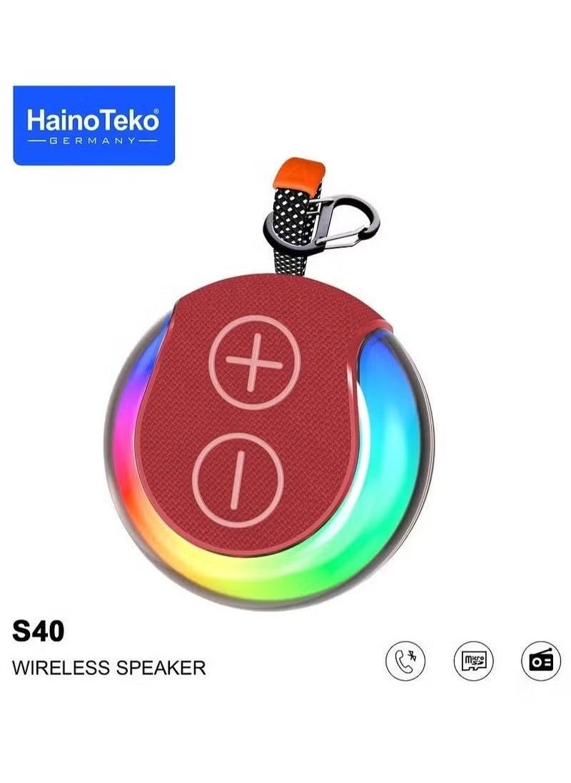 Haino Teko S40 Compact Wireless Bluetooth Speaker – HiFi Audio with Deep Bass, RGB Light Effects & Button Controls – Stylish, Rechargeable Portable Speaker for Music, Travel, Parties, Outdoors & Home Entertainment – Bold Red Finish  - Image 1