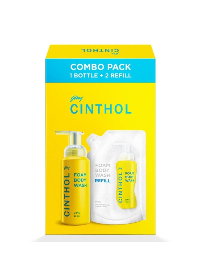 Cinthol Lime Foam Body Wash Combi Pack, 1 Bottle & 2 Refills, 600ml - Image 1