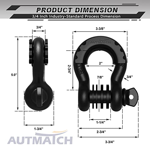 AUTMATCH شاكلة د حلقة AUTMATCH 3/4" (عبوة 2) قوة كسر 41,887 رطل - شاكلة كليفس مع دبوس لولبي 7/8" ومجموعة غسالات عازلة للشاكلة لاستعادة المركبات على الطرق الوعرة، أسود غير لامع - Image 3