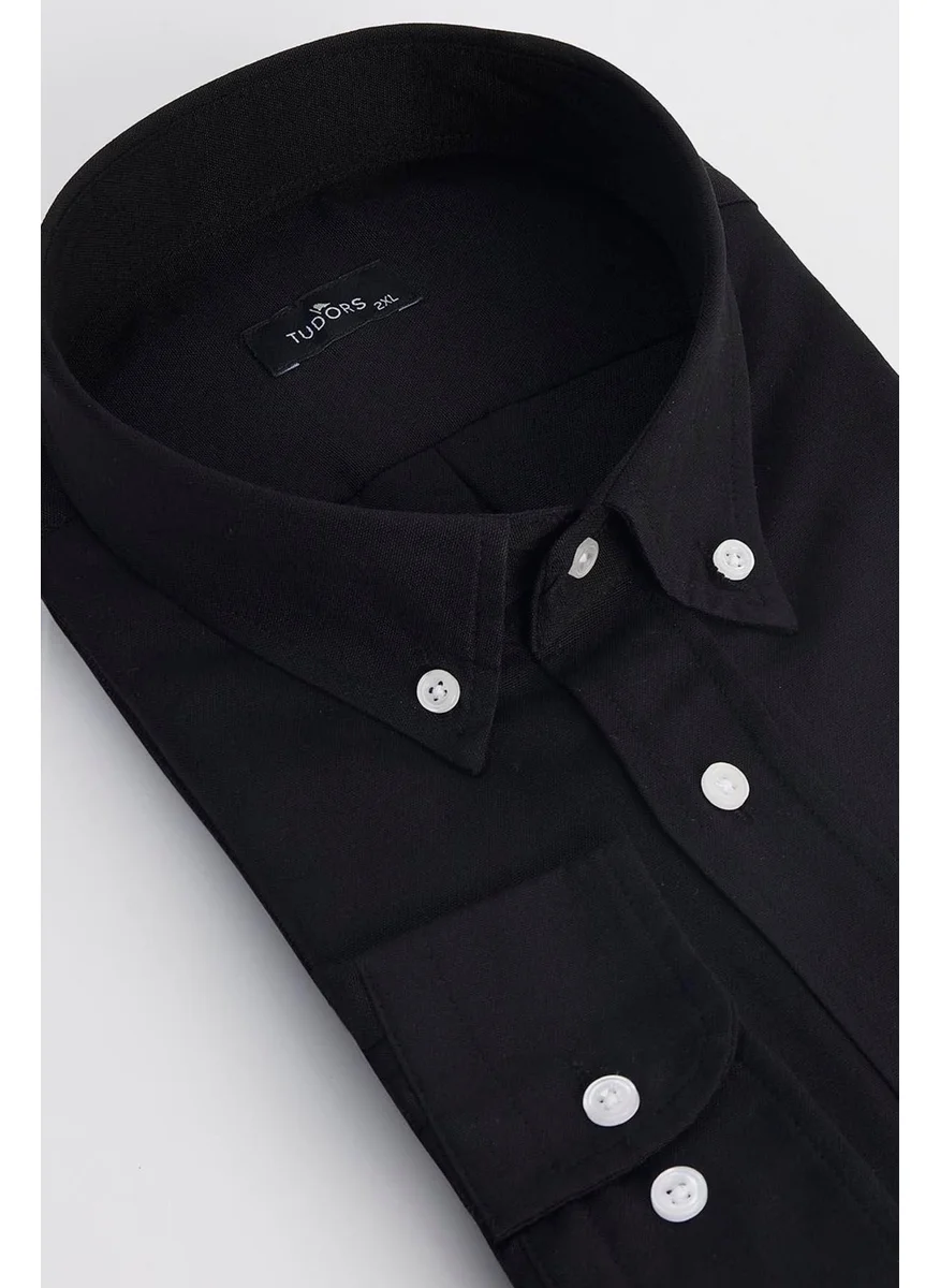 Tudors Men's Big Size Embroidered Oxford Texture Pocket Black Collar Button-Down Shirt