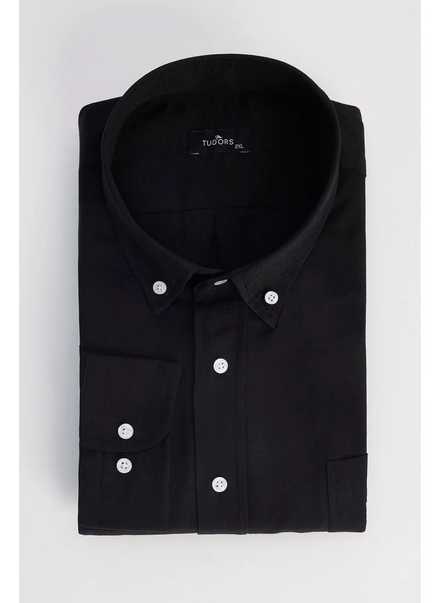 Tudors Men's Big Size Embroidered Oxford Texture Pocket Black Collar Button-Down Shirt