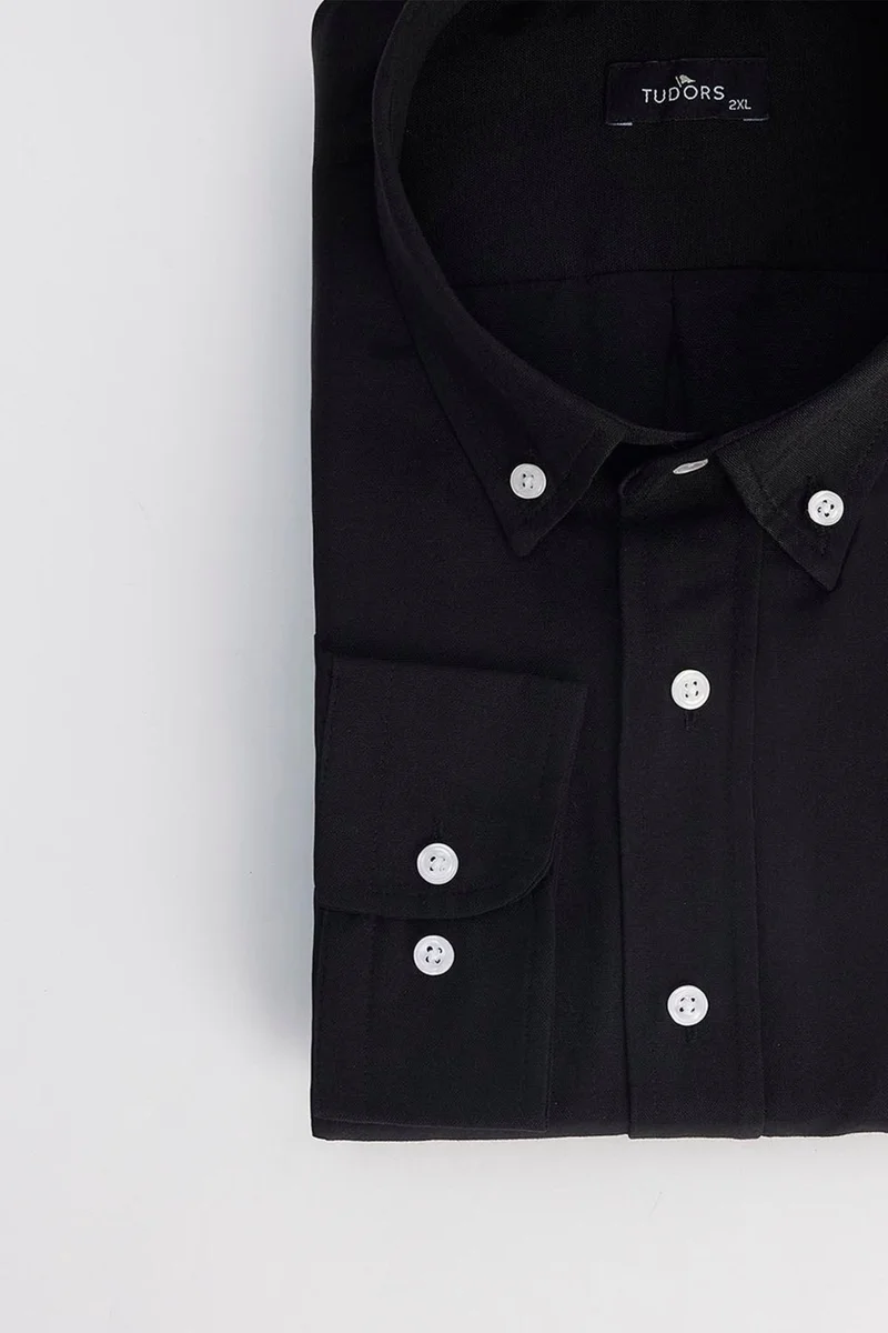 تودورس Men's Big Size Embroidered Oxford Texture Pocket Black Collar Button-Down Shirt