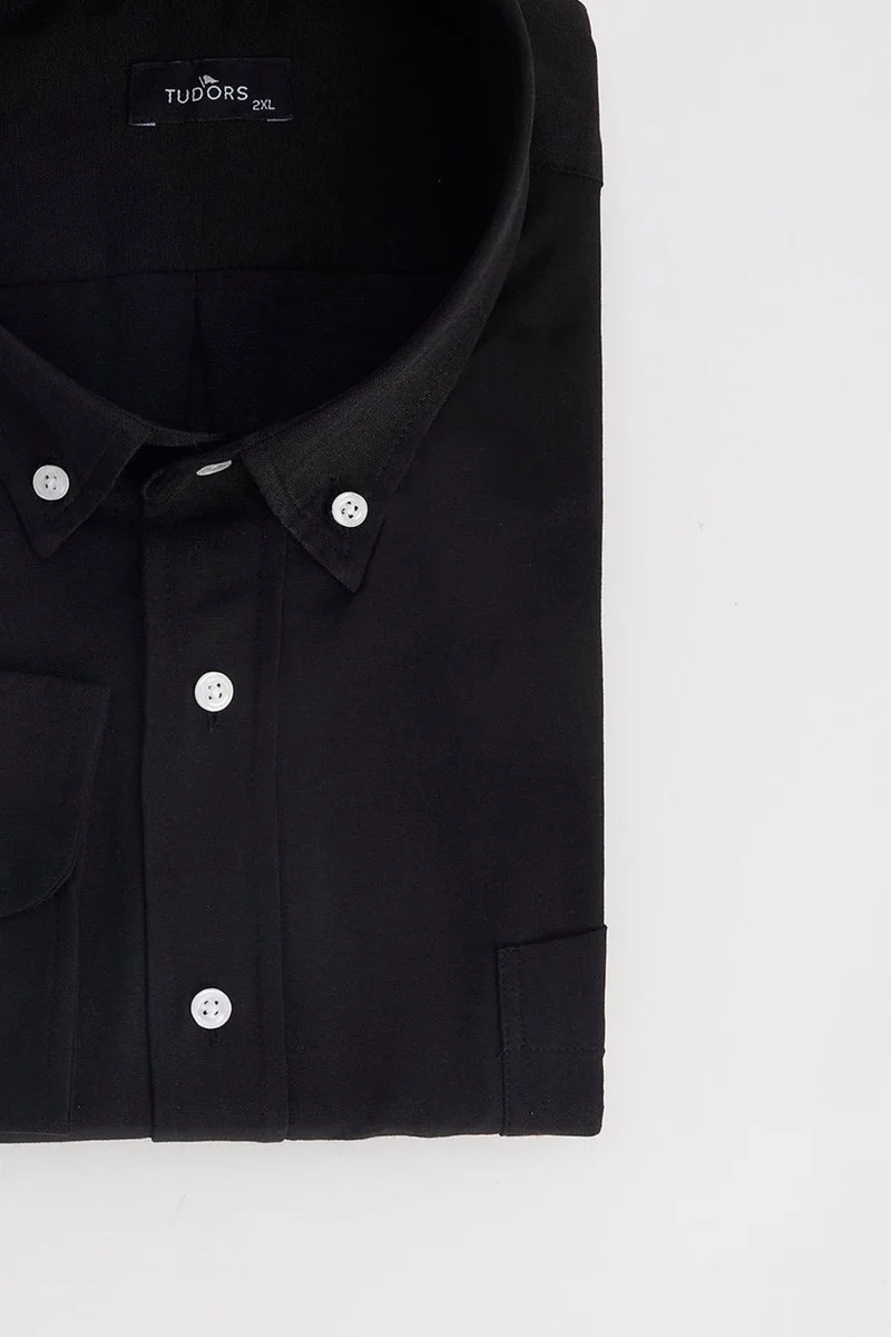 تودورس Men's Big Size Embroidered Oxford Texture Pocket Black Collar Button-Down Shirt