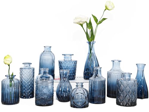 TBWIND 12Pcs Blue Glass Bud Vases Set, Small Vases for Flowers, Perfect for Centerpieces at Parties, Baby Showers, Weddings, Events, Graduation Season, Great Gifts for Office & Home Décor - Image 1