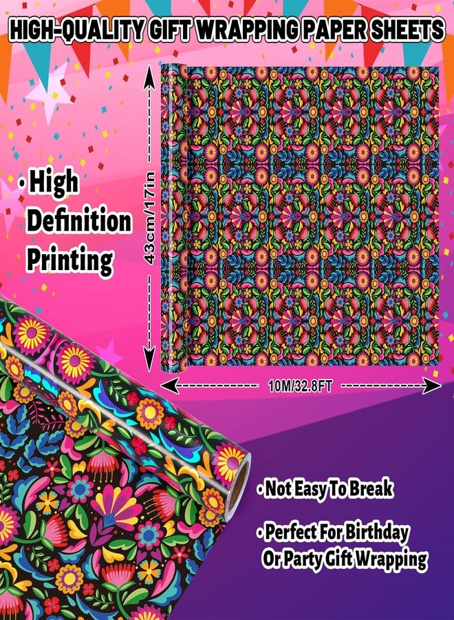 Whaline Mexican Floral Wrapping Paper - Mini Roll - 17 In x 32.8 Ft Colorful Cinco De Mayo Flower Gift Wrap Paper for DIY Crafts Birthday Fiesta Holiday Decor - Image 2