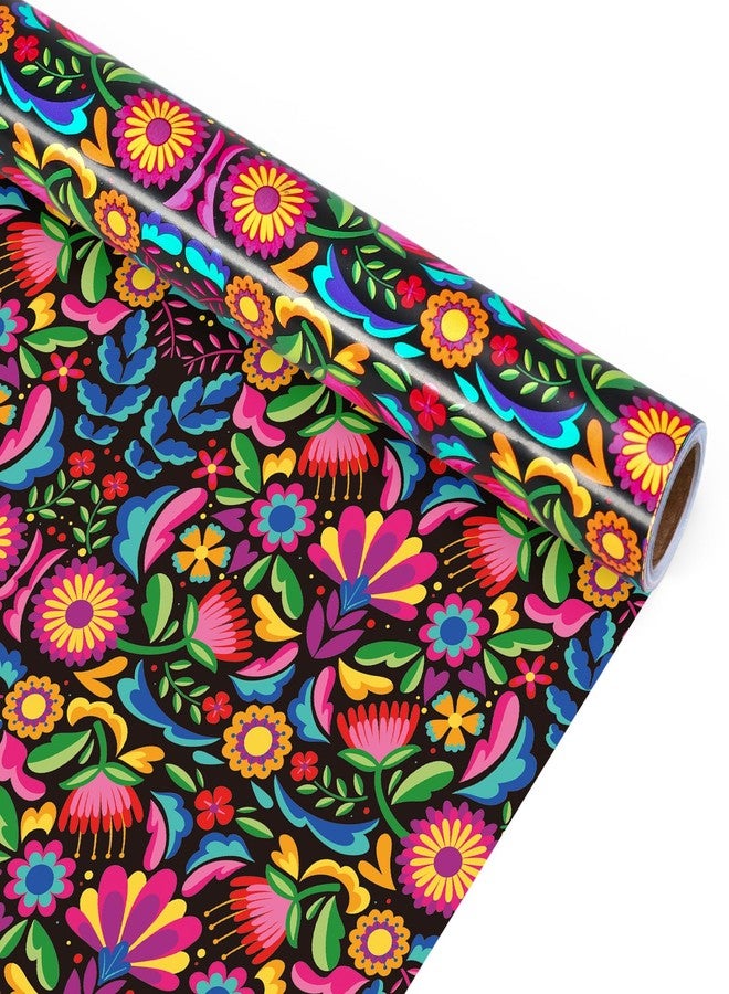 Whaline Mexican Floral Wrapping Paper - Mini Roll - 17 In x 32.8 Ft Colorful Cinco De Mayo Flower Gift Wrap Paper for DIY Crafts Birthday Fiesta Holiday Decor - Image 1