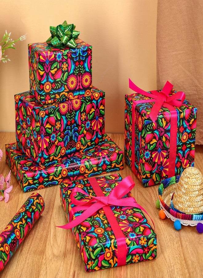 Whaline Mexican Floral Wrapping Paper - Mini Roll - 17 In x 32.8 Ft Colorful Cinco De Mayo Flower Gift Wrap Paper for DIY Crafts Birthday Fiesta Holiday Decor - Image 4