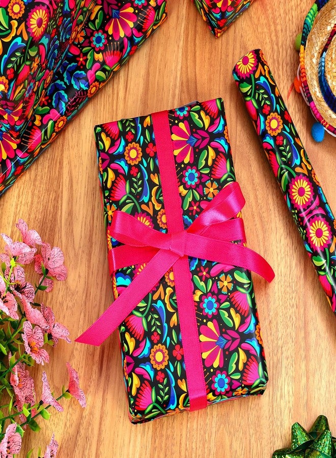 Whaline Mexican Floral Wrapping Paper - Mini Roll - 17 In x 32.8 Ft Colorful Cinco De Mayo Flower Gift Wrap Paper for DIY Crafts Birthday Fiesta Holiday Decor - Image 3