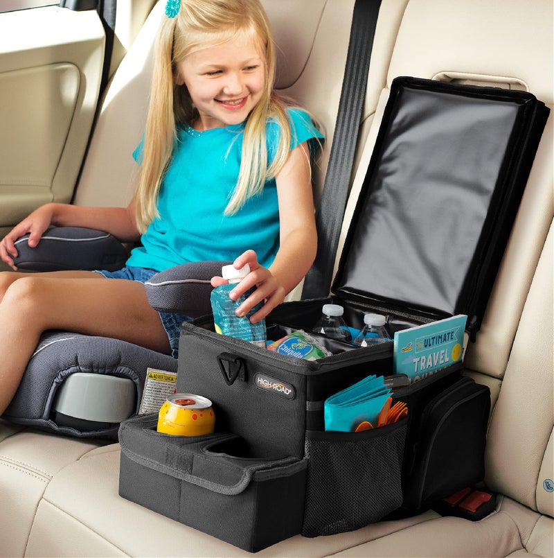 High Road CarHop Car Organizer for Kids and Passenger Seat Organizer for Adults Road Trip Cooler with Car Cup Holder Tray and 6 Organization and Storage Pockets