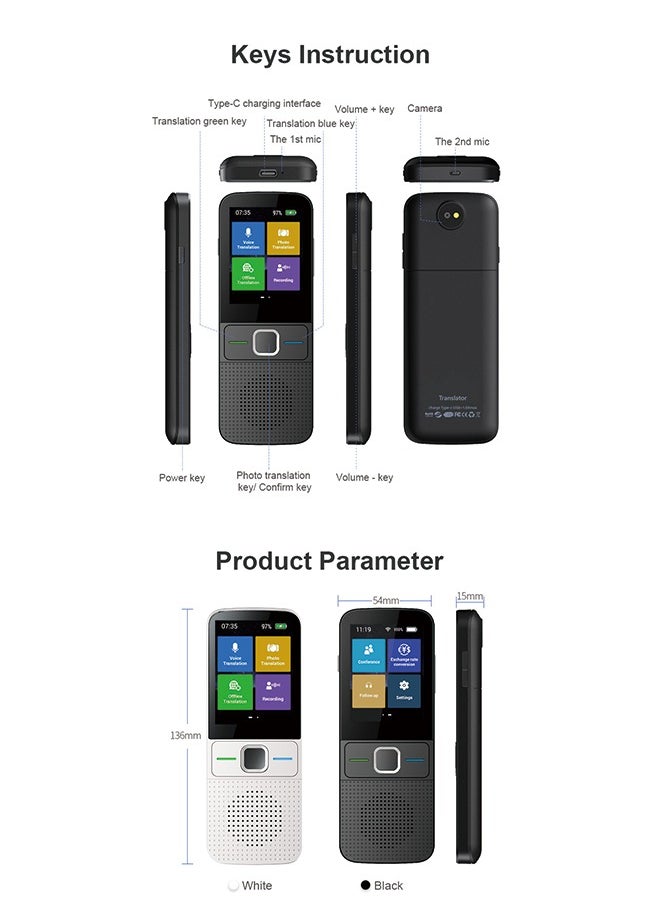 Generic - Language Translator Device, Portable Instant Language Translator Support WiFi/Bluetooth/Offline Two- Way Real Time Online 137 Languages with 2.4 Inch Touch Screen Recording Smart Translator - Image 1