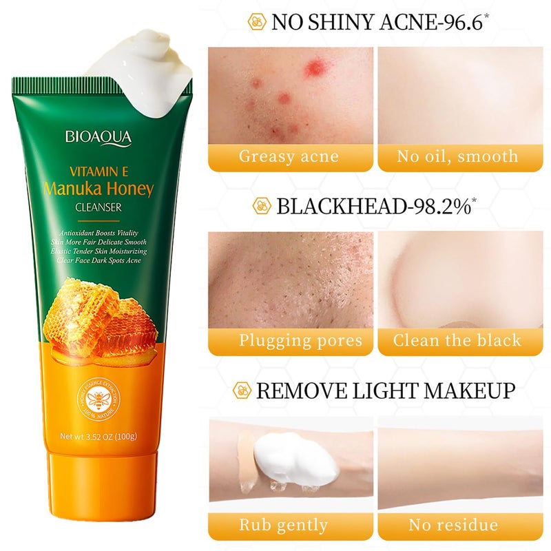 BIOAQUA Manuka Honey Facial Cleanser Vitamin E Deep Cleansing Foam Face Skin Repair Soften Moisturizing Hydrating 3.52oz/100g - Image 2