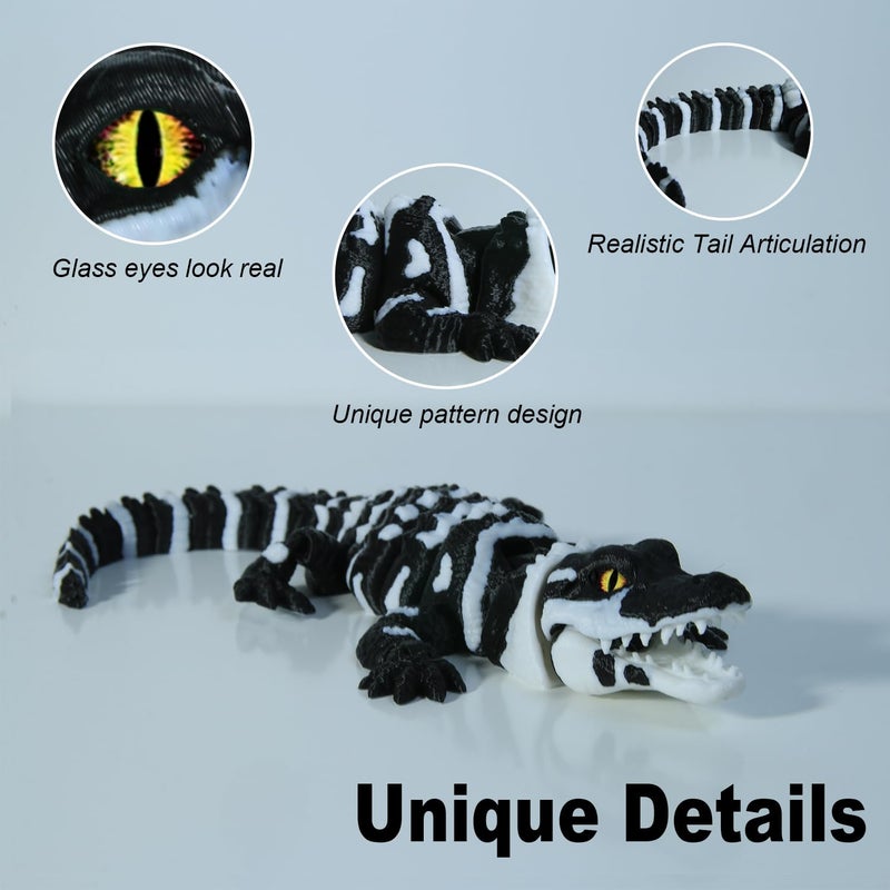 coonoe 3D Printed Articulated Crocodile - Opening Mouth and Glass Eyes - Flexible Joint Animal Models - Surprise Gifts for Fidget Enthusiasts - Made from PLA - Black and White - Image 2