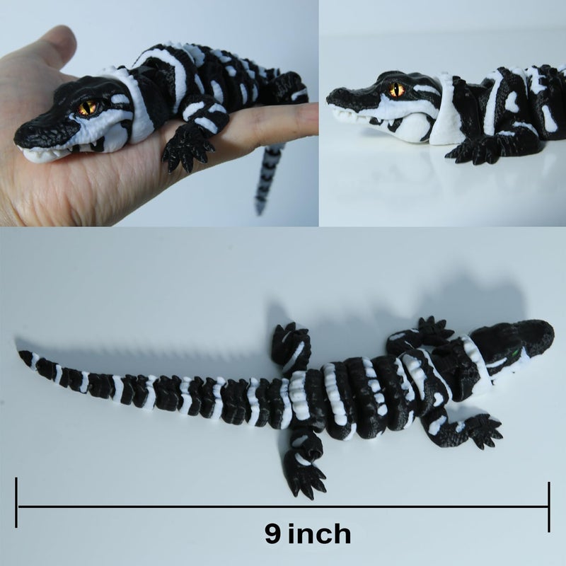 coonoe 3D Printed Articulated Crocodile - Opening Mouth and Glass Eyes - Flexible Joint Animal Models - Surprise Gifts for Fidget Enthusiasts - Made from PLA - Black and White - Image 3
