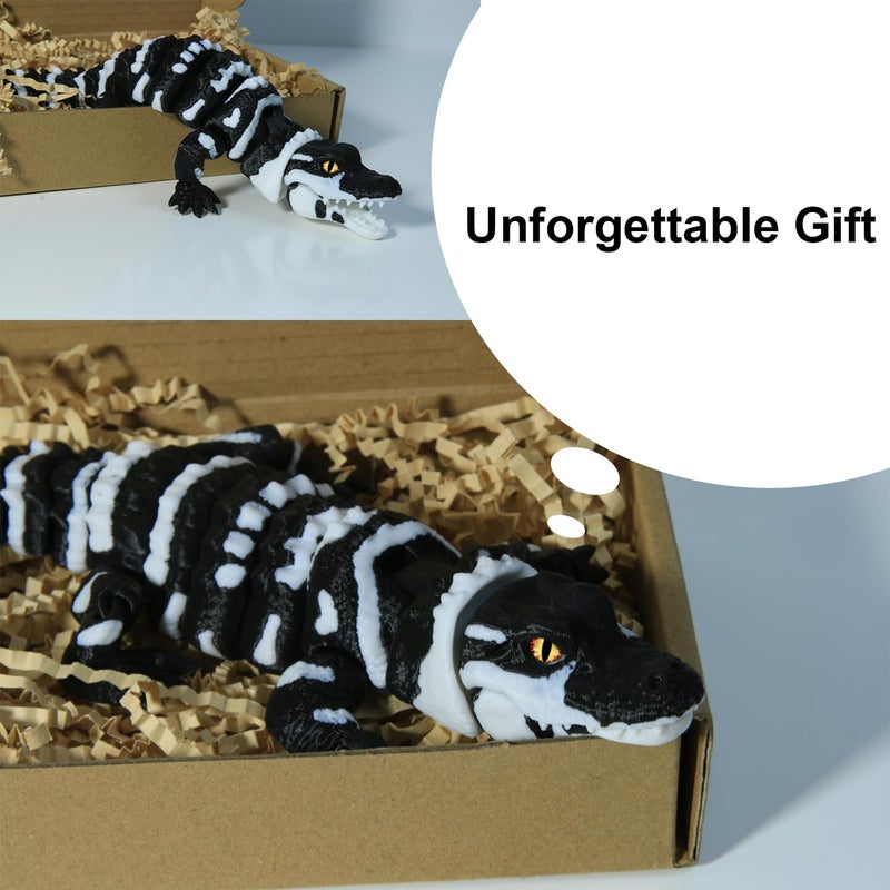 coonoe 3D Printed Articulated Crocodile - Opening Mouth and Glass Eyes - Flexible Joint Animal Models - Surprise Gifts for Fidget Enthusiasts - Made from PLA - Black and White - Image 4