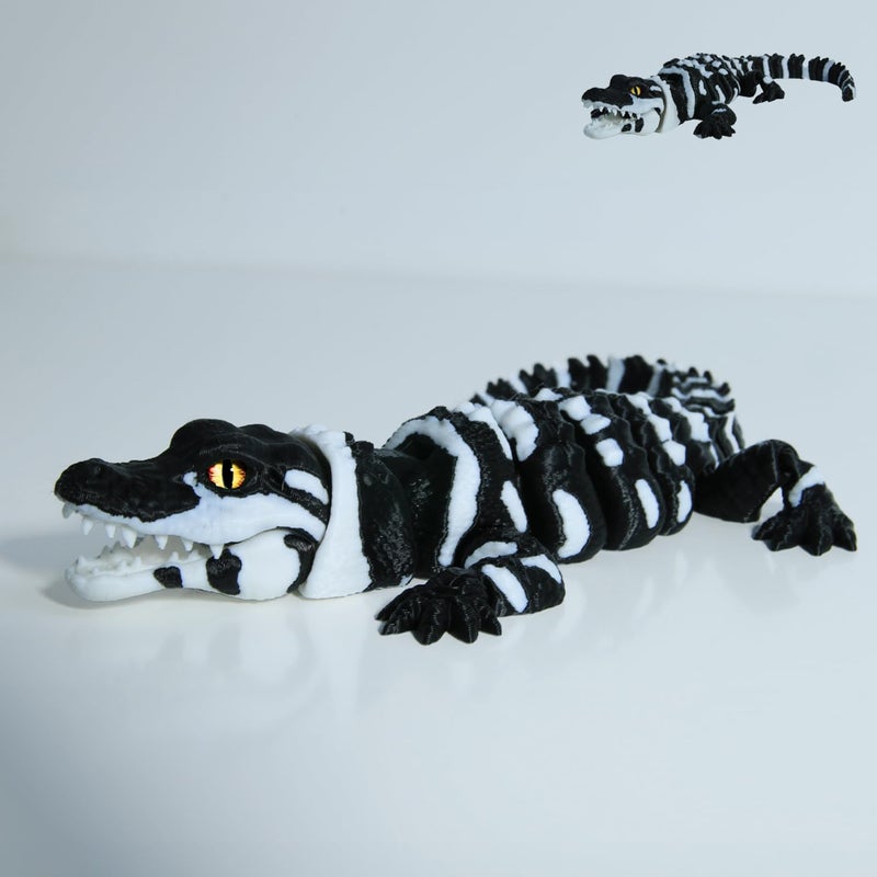 coonoe 3D Printed Articulated Crocodile - Opening Mouth and Glass Eyes - Flexible Joint Animal Models - Surprise Gifts for Fidget Enthusiasts - Made from PLA - Black and White - Image 1