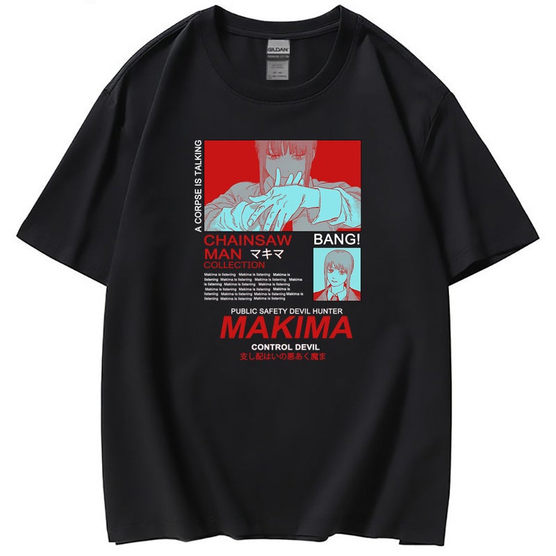 Trendy Brand European Code MAKIMA chainsaw man Anime Peripheral T-Shirt Short Sleeve Clothes Womens T A black - Image 1