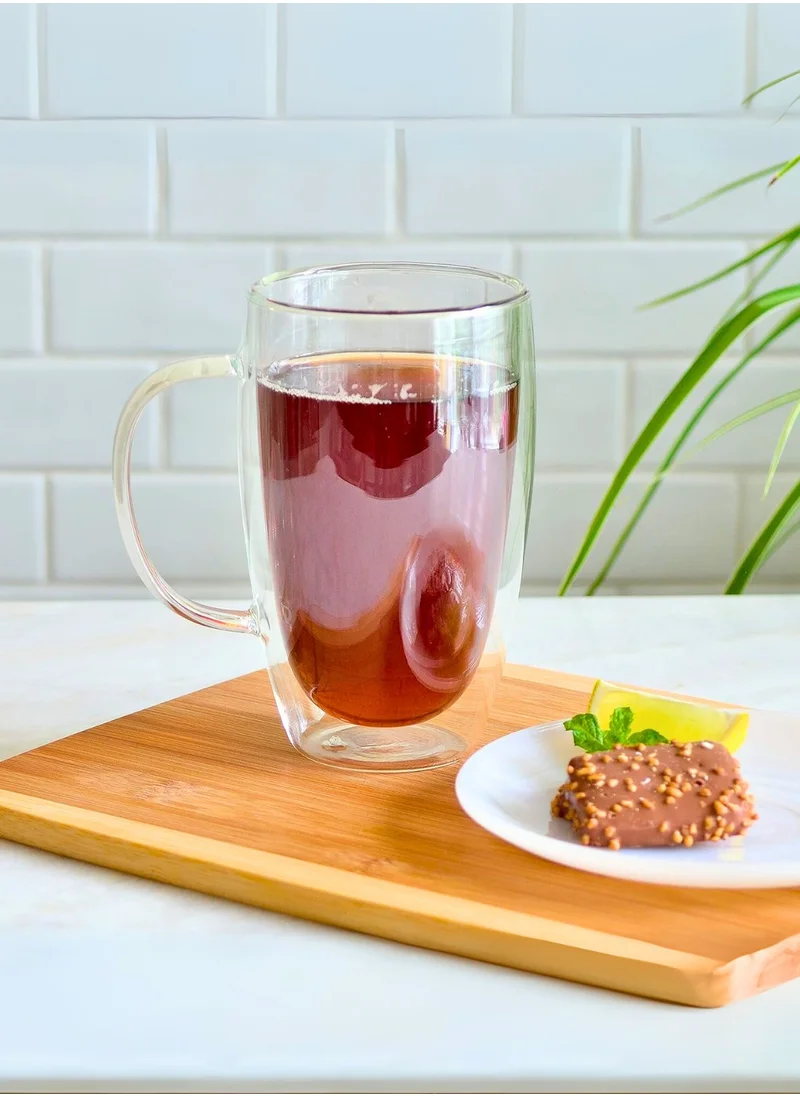 1 تشيس Double Walled Glass Coffee Mugs With Handle, Large Glass Tea Mug, Tall Insulated Coffee Mugs Perfect for Cappuccino, Macchiato, Latte, Tea, Juice, Iced & Hot Beverages, Set Of 2, 450 ML