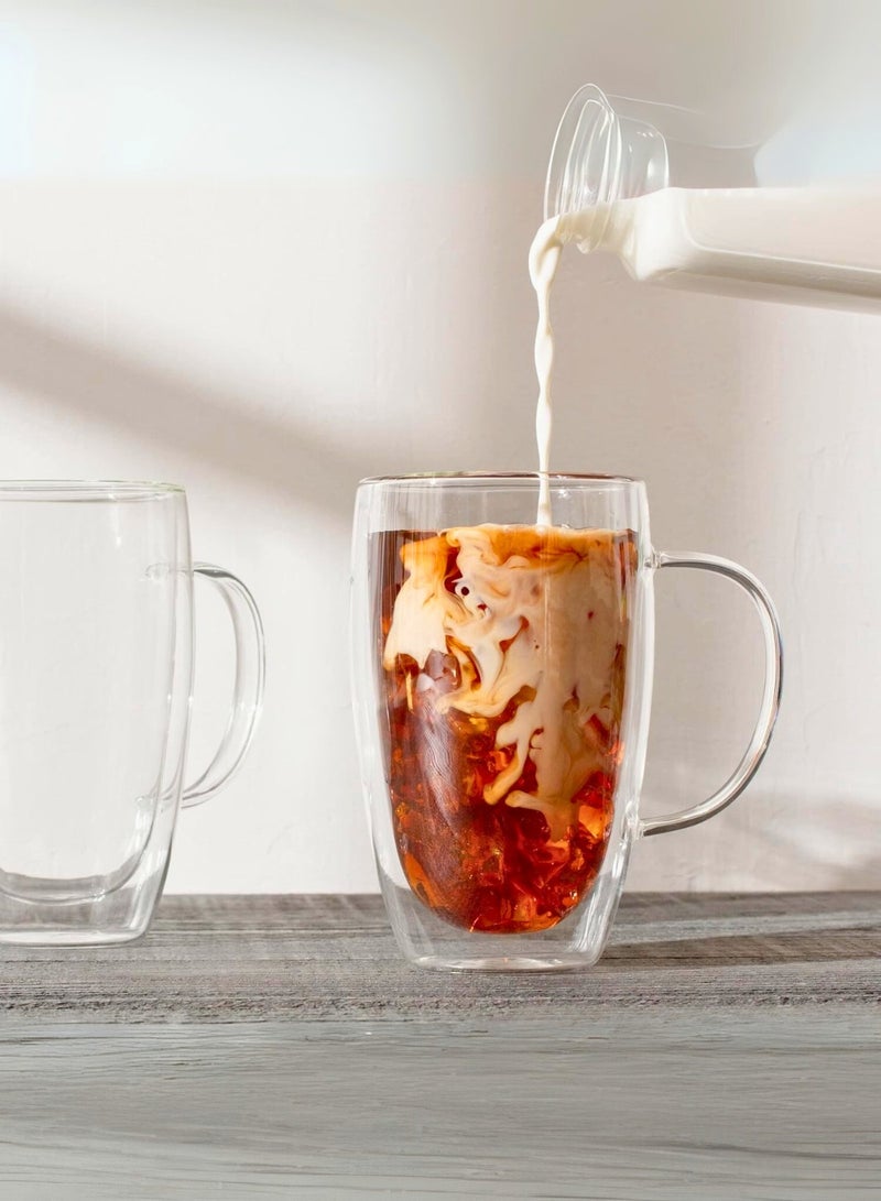 1Chase Double Walled Glass Coffee Mugs With Handle, Large Glass Tea Mug, Tall Insulated Coffee Mugs Perfect for Cappuccino, Macchiato, Latte, Tea, Juice, Iced & Hot Beverages, Set Of 2, 450 ML  - Image 4