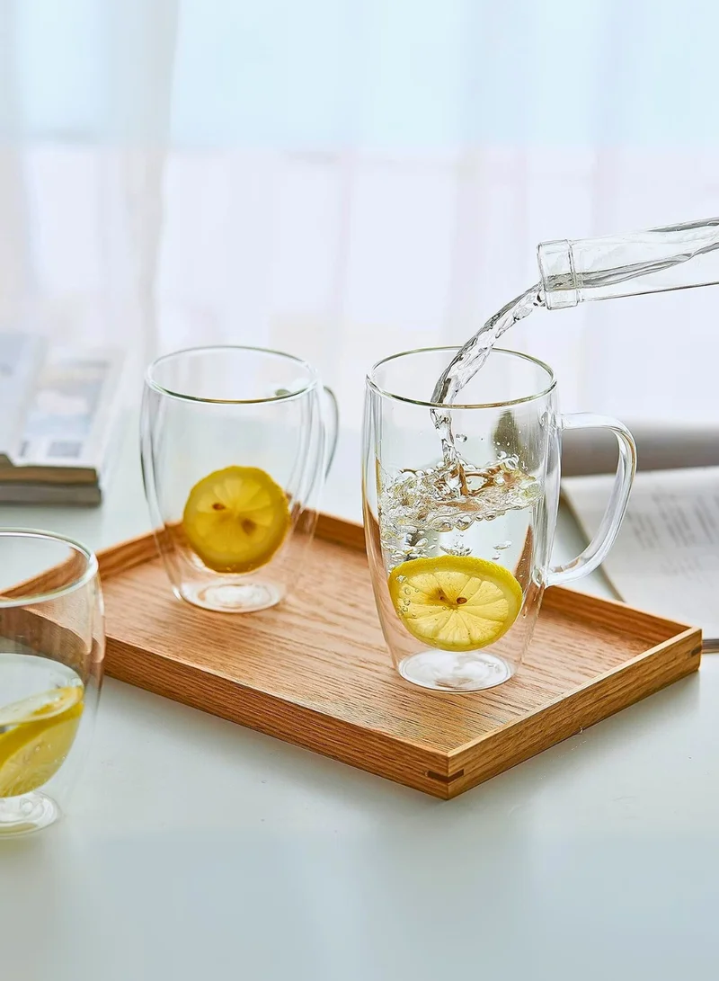 1Chase Double Walled Glass Coffee Mugs With Handle, Large Glass Tea Mug, Tall Insulated Coffee Mugs Perfect for Cappuccino, Macchiato, Latte, Tea, Juice, Iced & Hot Beverages, Set Of 2, 450 ML
