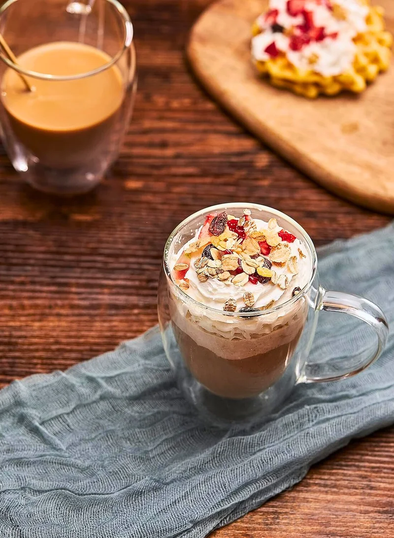 1Chase Double Walled Glass Coffee Mugs With Handle, Large Glass Tea Mug, Tall Insulated Coffee Mugs Perfect for Cappuccino, Macchiato, Latte, Tea, Juice, Iced & Hot Beverages, Set Of 2, 450 ML