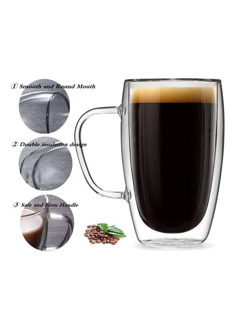 1Chase Double Walled Glass Coffee Mugs With Handle, Large Glass Tea Mug, Tall Insulated Coffee Mugs Perfect for Cappuccino, Macchiato, Latte, Tea, Juice, Iced & Hot Beverages, Set Of 2, 450 ML