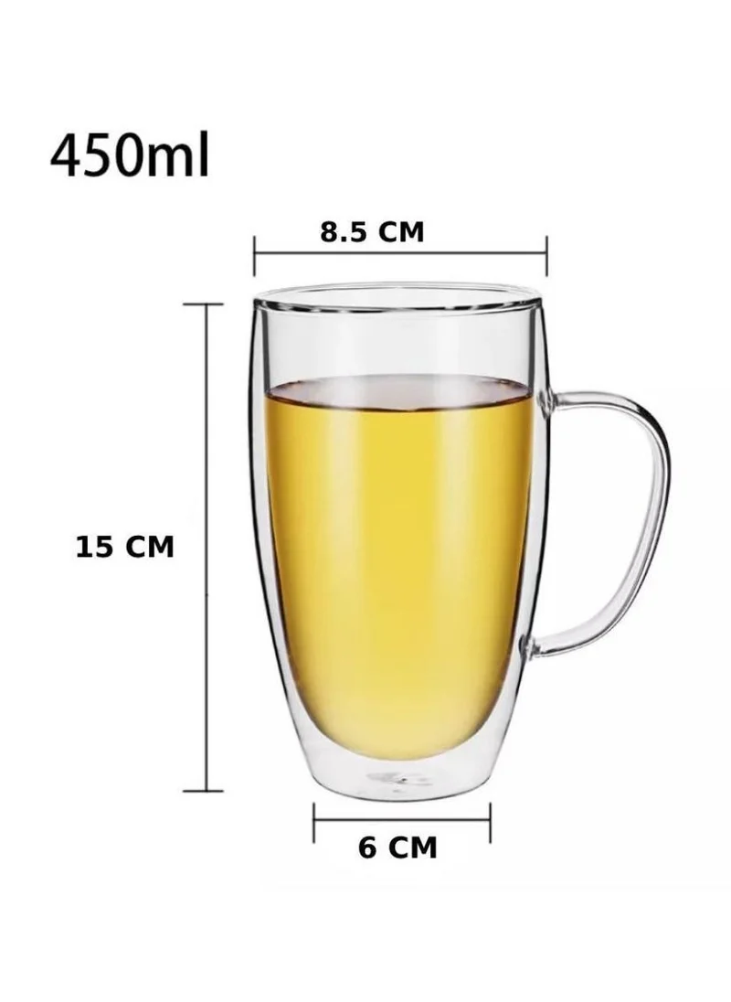 1Chase Double Walled Glass Coffee Mugs With Handle, Large Glass Tea Mug, Tall Insulated Coffee Mugs Perfect for Cappuccino, Macchiato, Latte, Tea, Juice, Iced & Hot Beverages, Set Of 2, 450 ML