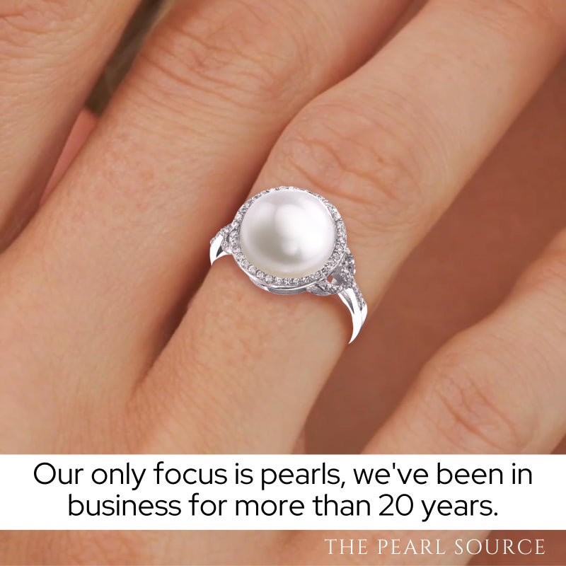 The Pearl Source Freshwater Cultured Pearl Ring for Women with Button Pearl and Cubic Zirconia on Sterling Silver - Image 4