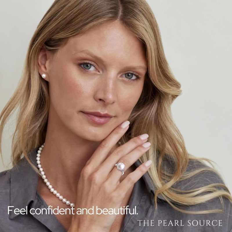 The Pearl Source Freshwater Cultured Pearl Ring for Women with Button Pearl and Cubic Zirconia on Sterling Silver - Image 5