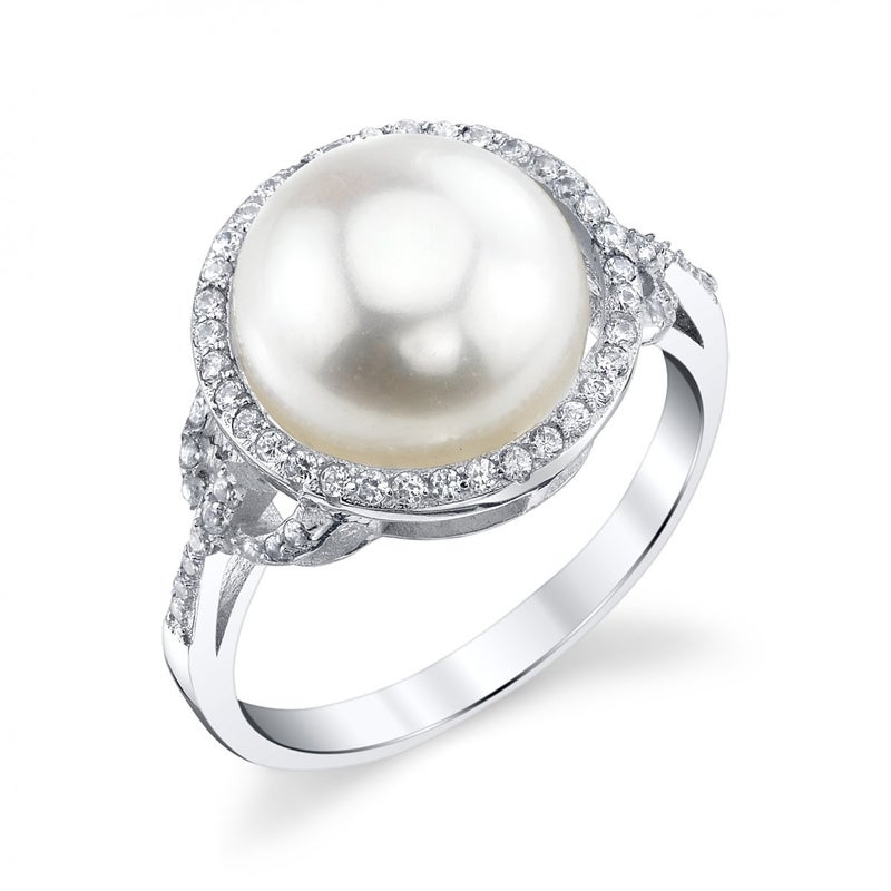 The Pearl Source Freshwater Cultured Pearl Ring for Women with Button Pearl and Cubic Zirconia on Sterling Silver - Image 1