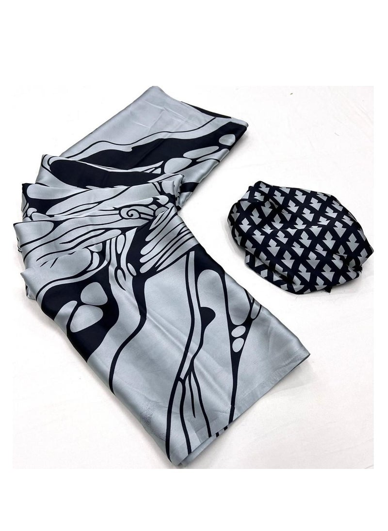 Grab Mantra Satin Grey Base Black Print Beautiful Saree With Unstitched Blouse  - Image 2