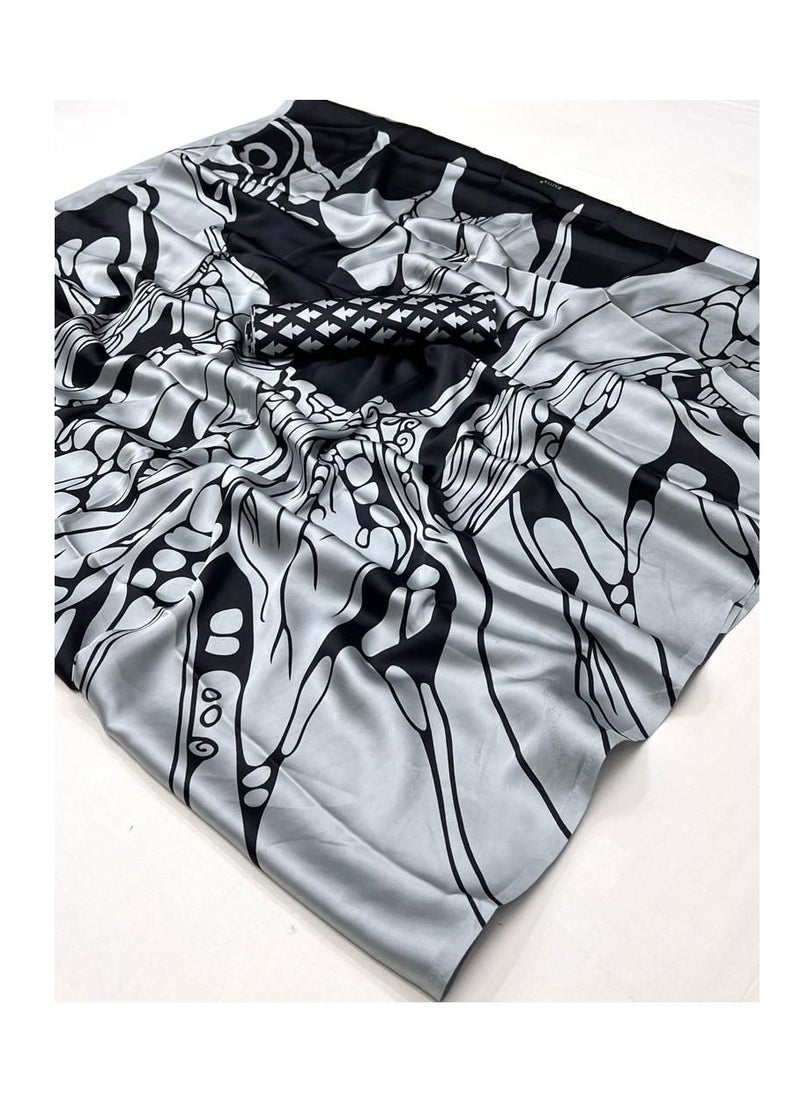 Grab Mantra Satin Grey Base Black Print Beautiful Saree With Unstitched Blouse  - Image 1