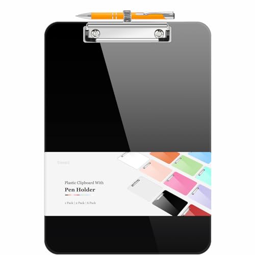 Sooez Plastic Clipboard with Pen Holder, [10% Thicker] Clip Boards 8.5x11 with Low Profile Clip, Cute Hanging Clipboard, Standard Letter Size A4 for Women Kid Teacher, Office & School Supplies, Black - Image 1