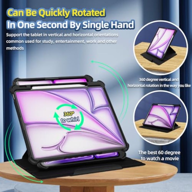 for iPad Air 13 inch Case M3/M2 2025/2024 with Pencil Holder Shoulder Strap, TPU+PC 360° Rotating Protective Cover, Auto Wake/Sleep, Black - Image 5