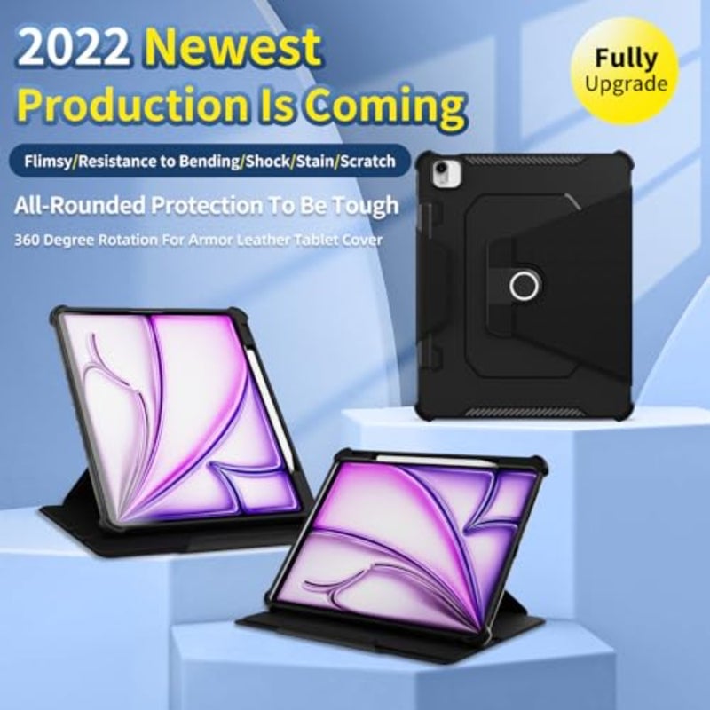 for iPad Air 13 inch Case M3/M2 2025/2024 with Pencil Holder Shoulder Strap, TPU+PC 360° Rotating Protective Cover, Auto Wake/Sleep, Black - Image 2