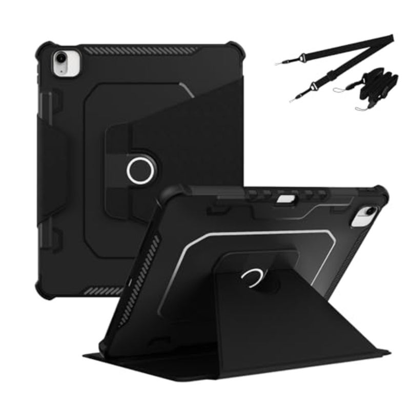 for iPad Air 13 inch Case M3/M2 2025/2024 with Pencil Holder Shoulder Strap, TPU+PC 360° Rotating Protective Cover, Auto Wake/Sleep, Black - Image 1