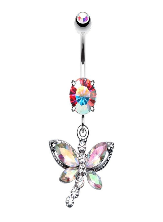 Pierced Owl 14GA Stainless Steel CZ Crystal Dragonfly Dangling Belly Button Ring (Aurora Borealis) - Image 1