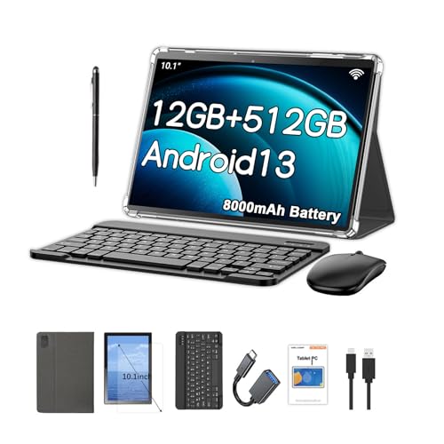Crelander 101 Inch Android 13 Tablet with SIM Card Slot 4G LTE Calling12GB512GB 8000mAh Battery Dual Camera BluetoothWiFi Bundle with Case Keyboard Mouse Stylus Grey Black - Image 1