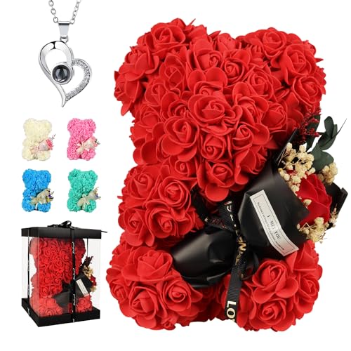 K KYMAKE Birthday Gifts for Women Rose Bear Gifts for Mom from Daughter SonMothers Day Valentines Gifts for Women Her Rose Teddy Bear with I Love You Necklace in 100 Languages