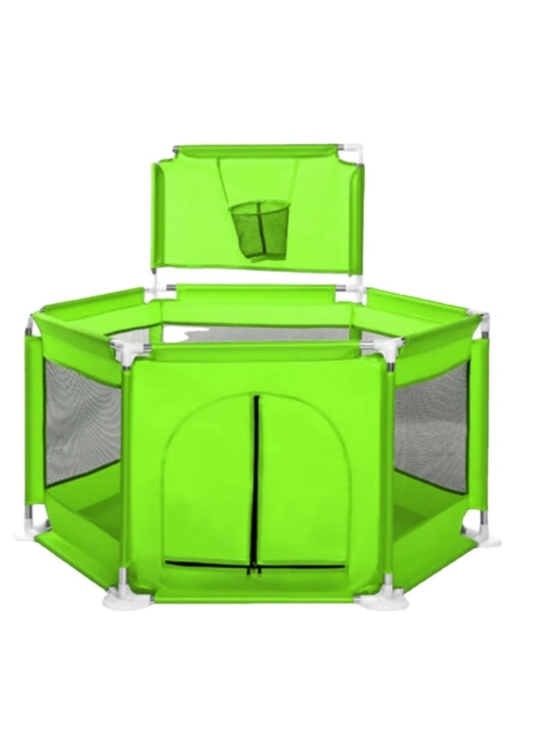 Children's ball pit in a hexagonal shape with a basket