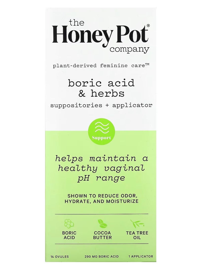 the Honey Pot company - Boric Acid & Herbs Suppositories + Applicator 290 mg  14 Ovules 1 Applicator - Image 1