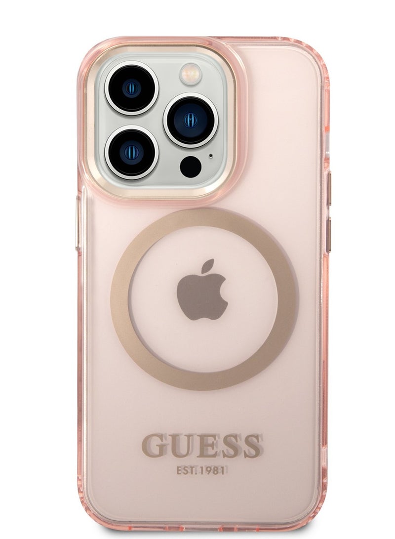 GUESS iPhone 14 Pro Magsafe Case With Translucent Gold Outline - Pink - Image 1