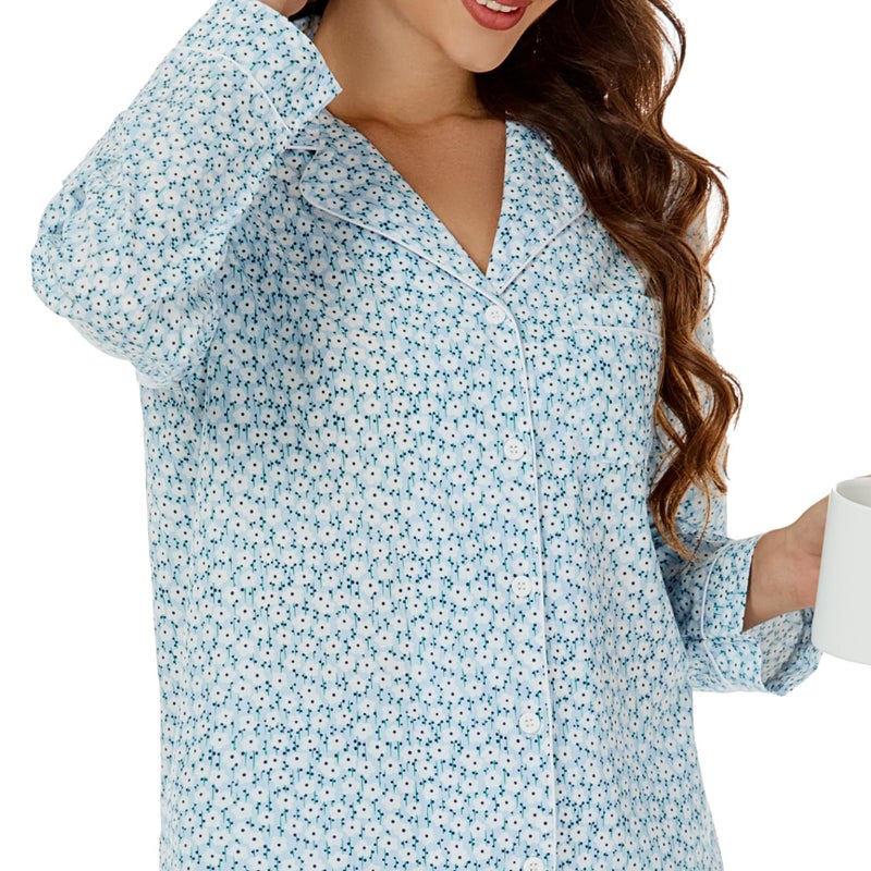 LUBOT 100% Cotton Pajamas for Women 2PC PJ Set Poplin Pajama Set Woven Long Sleeve Button-Down Two Piece Printed Sleepwear Loungewear Set (Blue Sakura, L) - Image 3