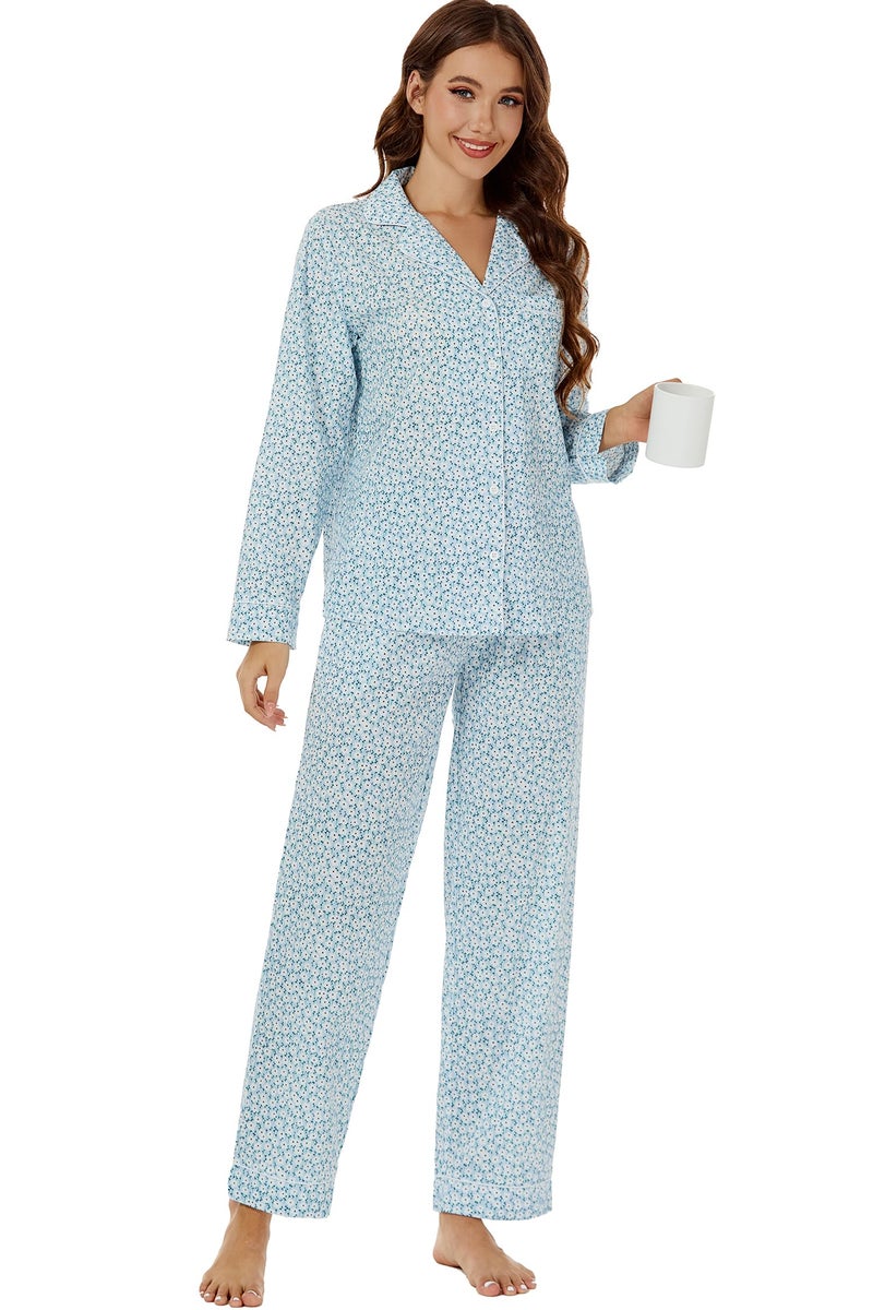 LUBOT 100% Cotton Pajamas for Women 2PC PJ Set Poplin Pajama Set Woven Long Sleeve Button-Down Two Piece Printed Sleepwear Loungewear Set (Blue Sakura, L) - Image 5