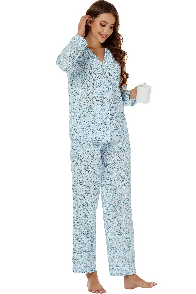 LUBOT 100% Cotton Pajamas for Women 2PC PJ Set Poplin Pajama Set Woven Long Sleeve Button-Down Two Piece Printed Sleepwear Loungewear Set (Blue Sakura, L) - Image 2