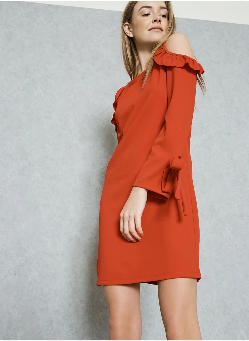 Ginger Tie Cuffed Ruffle Cold Shoulder Dress