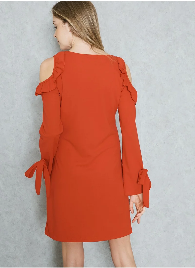 Ginger Tie Cuffed Ruffle Cold Shoulder Dress