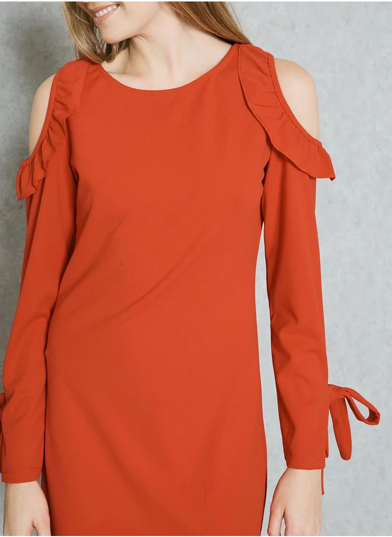Ginger Tie Cuffed Ruffle Cold Shoulder Dress