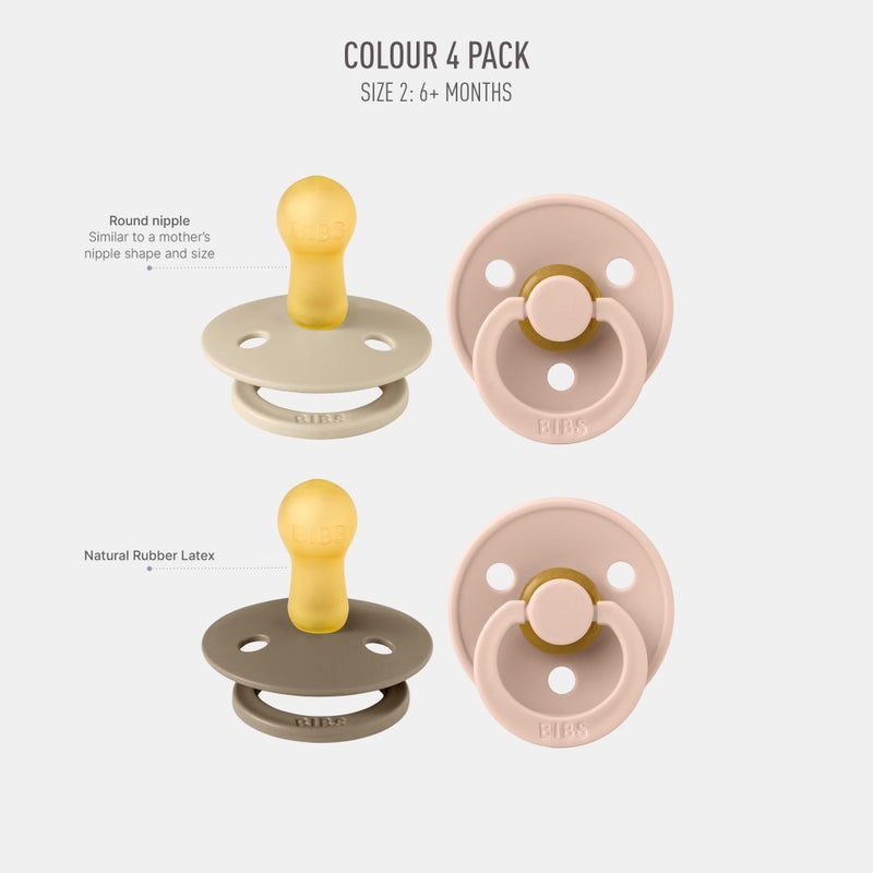 BIBS Color Soother, BPA Free Dummy Pacifier, Round Nipple. Natural Rubber Latex, Made in Denmark. 6-18 Months (Pack of 2) total 4 counts, Baby Blush Colors - Image 2