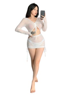 Ward Women's Lingerie Short Sheer with Belly Cut Out Chest and Side Ties and Long Sleeves  - Image 1