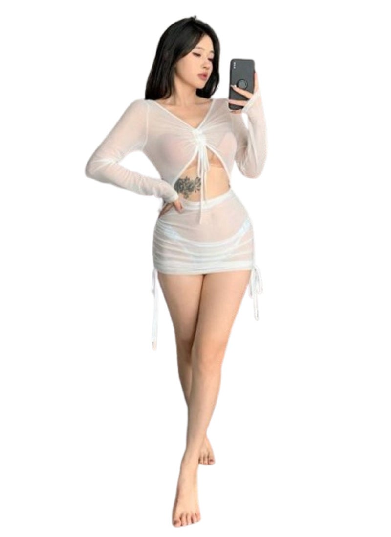 Ward Women's Lingerie Short Sheer with Belly Cut Out Chest and Side Ties and Long Sleeves  - Image 1